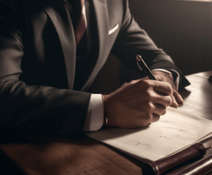 person in a suit writing something down on a piece of paper