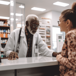 doctor behind counter explaining something to an older woman on the other side of the counter