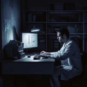 doctor using computer in dark room