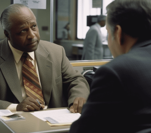 two men in suits talking with one looking up in thought