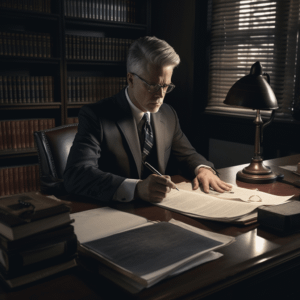 man in a suit writing at his desk
