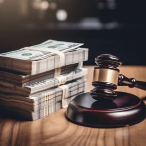 a stack of money next to a judge's gavel