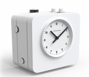 white, square alarm clock