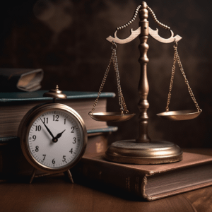 an alarm clock next to the scales of justice