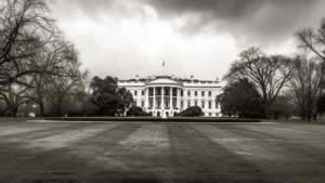 black and white photo of the White House on a cloudy day