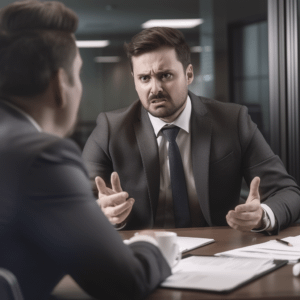 a man in a suit yelling at someone sitting across from him