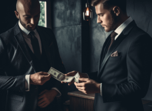 two men in suits exchanging money