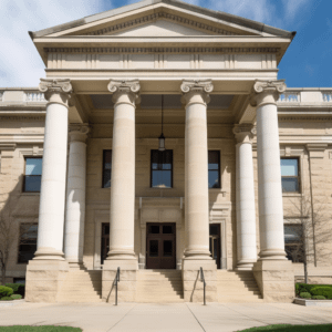 front of a courthouse with pillars