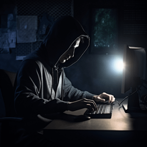 hacker sitting at a desk and using a laptop in a dark room
