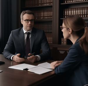 person talking to a lawyer at his desk