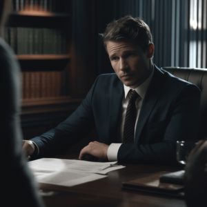 lawyer sitting at his desk talking to someone out of frame