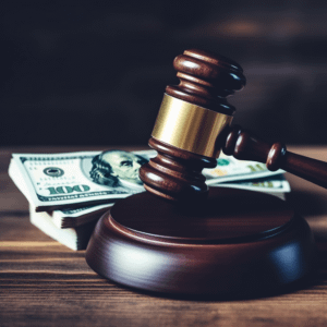 stack of money sitting behind a judge's gavel on a flat wooden surface