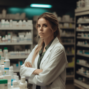 a pharmacist looking at the camera with her arms crossed