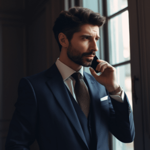a man in a suit on the phone