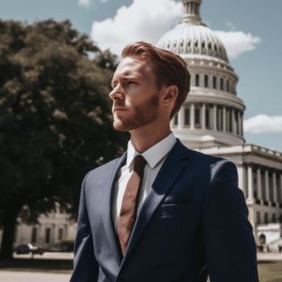 a man in a suit standing in front of the US capitol building 