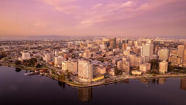 photo of Oakland, California showing a dense city on the water