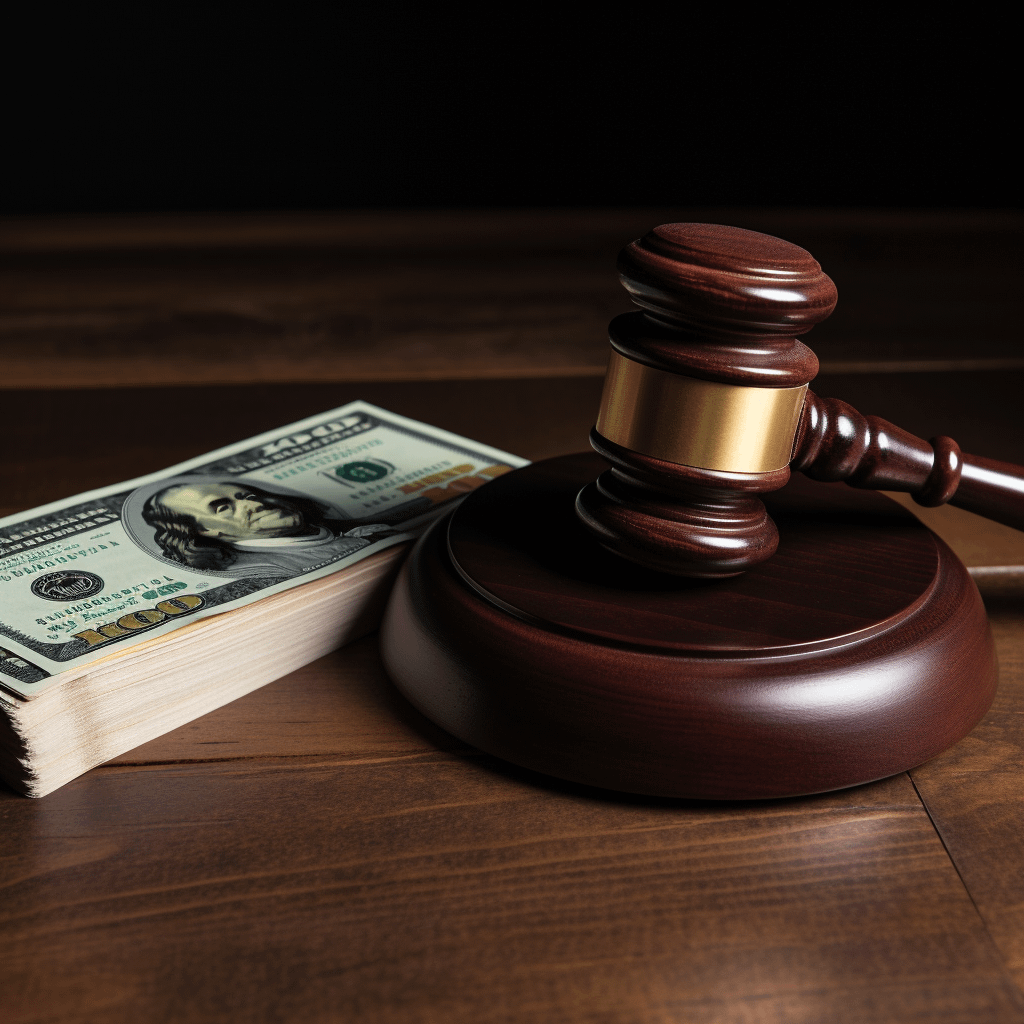 a stack of cash next to a judge's gavel