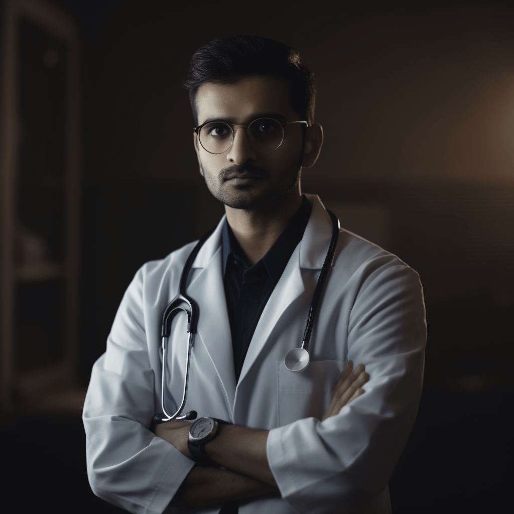 a doctor looking at the camera with his arms crossed